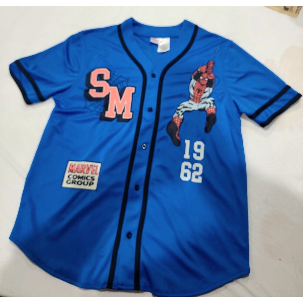 Marvel Spider-Man Baseball Jersey Shirt Blue Men’s Size M Graphic Button Up